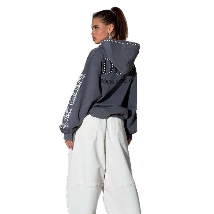Damen Oversized Hoodie mit auffälliger Steine-Verzierung und kreativen Ärmeldrucken Drune