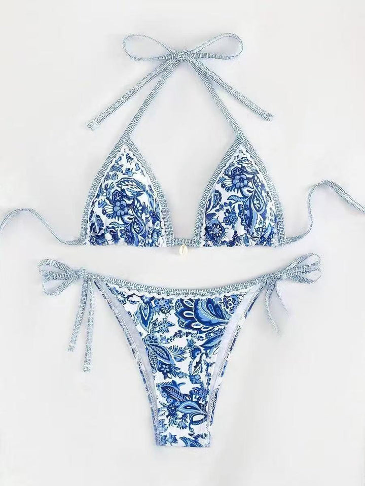 Damen Triangel-Bikini mit floralem Muster und verstellbaren Bindebändern Drune