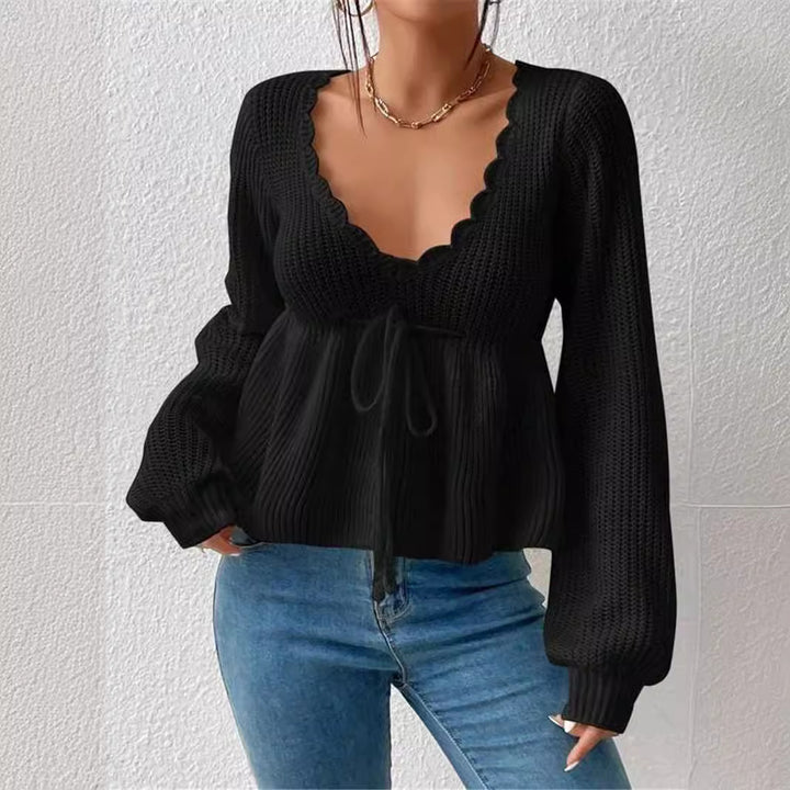 Damen Strickpullover mit dekorativem Rundhalsausschnitt und Kordelzug Drune