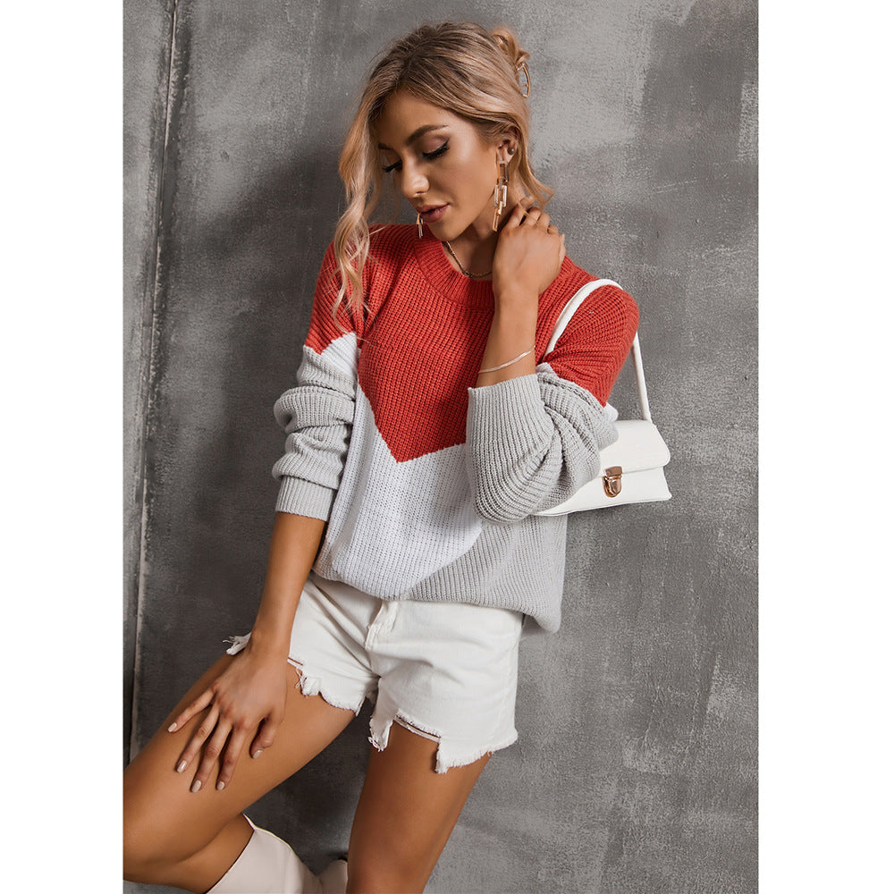 Damen modischer Strickpullover mit auffälligem V-Ausschnitt und grafischem Design Drune