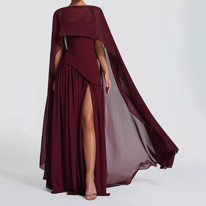 Damen Elegantes Maxikleid mit asymmetrischem Schnitt und fließendem Cape Drune
