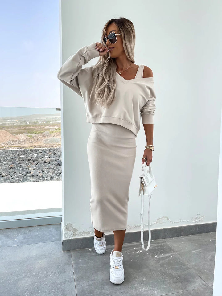 Damen nan zweiteiliges Midirock-Set mit off-shoulder Oversize-Sweatshirt und figurbetontem Bleistiftrock Drune