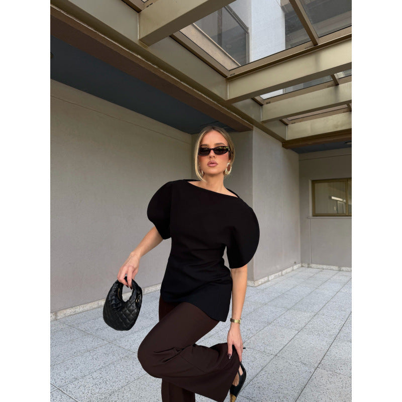Damen Bluse mit voluminösen Puffärmeln und asymmetrischem Saum Drune