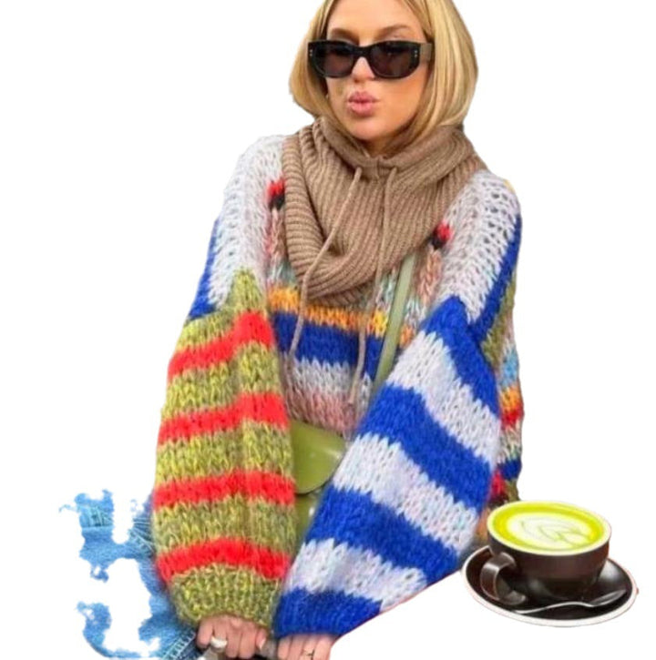 Damen Grobstrickpullover mit buntem Zopfmuster und weitem Schnitt Drune
