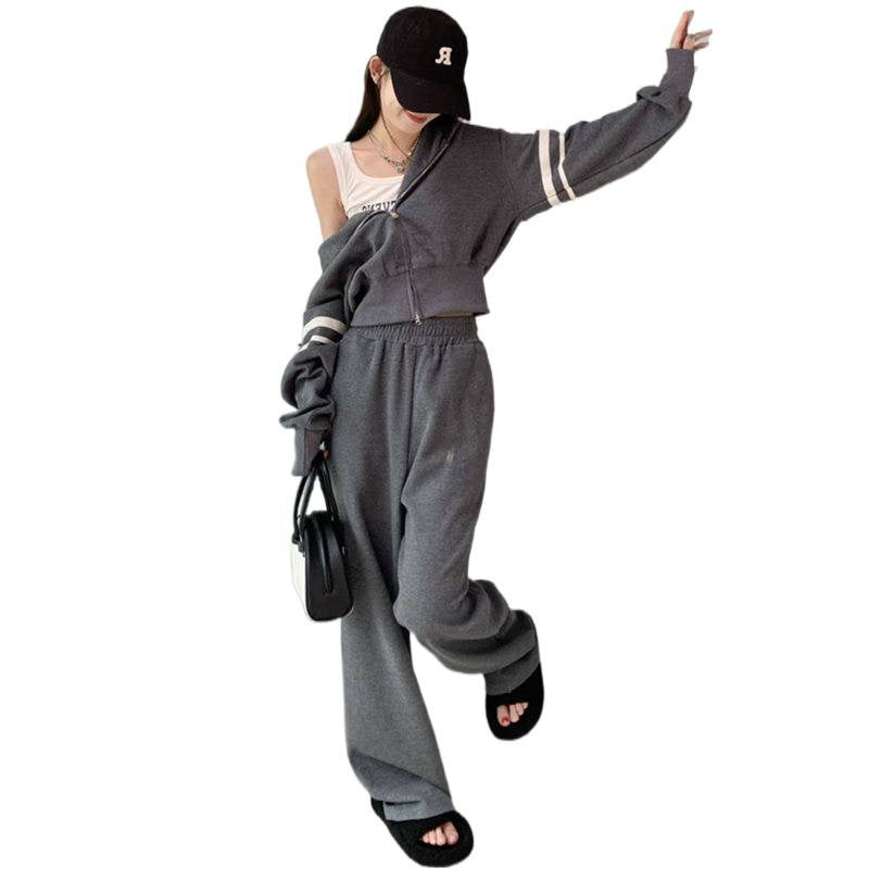 Damen Sportliches Hoodie- und Jogginghosen-Set mit sportivem Reißverschluss und weitem Schnitt Drune