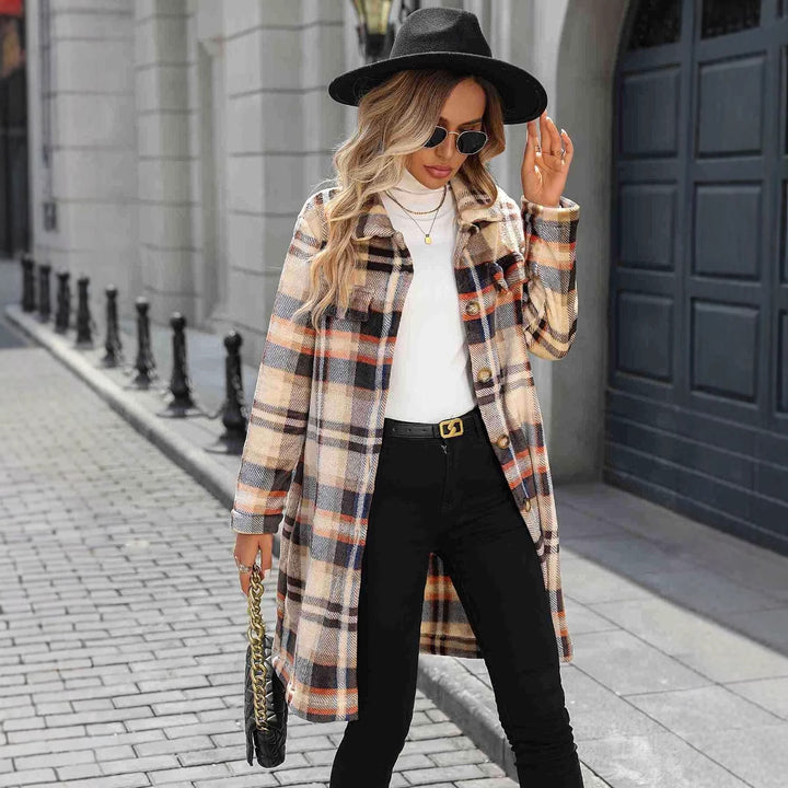 Damen Karierter Oversized-Wintermantel mit praktischen Taschen und Knopfdetail Drune