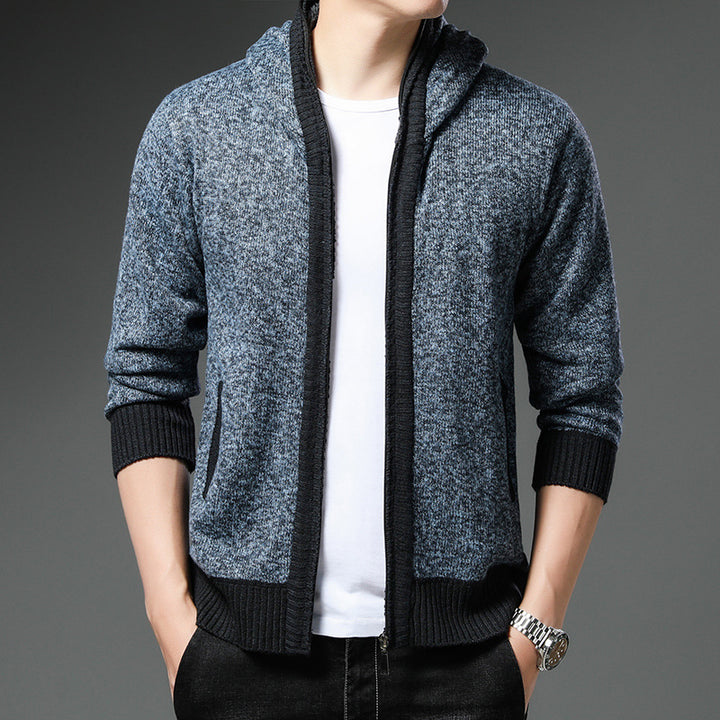 Herren Moderne Strickjacke mit Kapuze und schwarz-weißen Akzenten Drune