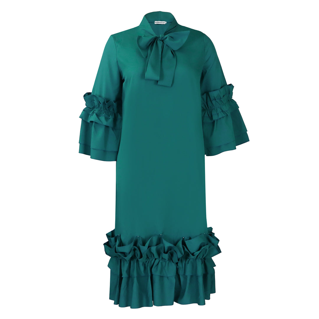 Damen Midi-Kleid mit voluminösen Rüschenärmeln und eleganter Schleife Drune