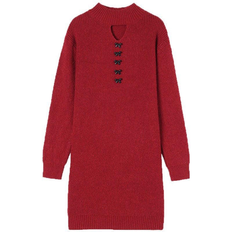 Damen Strickkleid mit modernem Ausschnitt und dekorativen Knopfdetails Drune