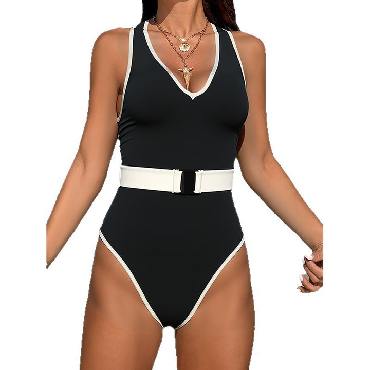 Damen Sportlicher Einteiler Badeanzug mit Gürtel Drune