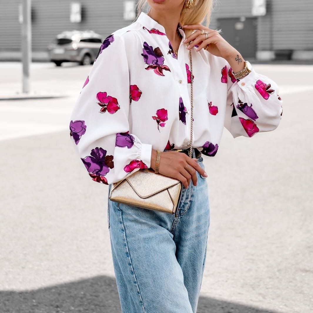 Damen Elegante Bluse mit floralem Muster und effektvollen Puffärmeln Drune
