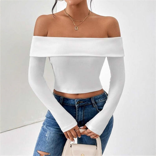 Damen Off-Shoulder Crop-Top mit langen Ärmeln und feiner Rippstruktur Drune