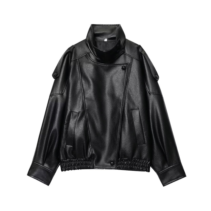 Damen nan Kunstleder-Bomberjacke mit hohem Stehkragen, asymmetrischer Druckknopfleiste und elastischem Saum Drune