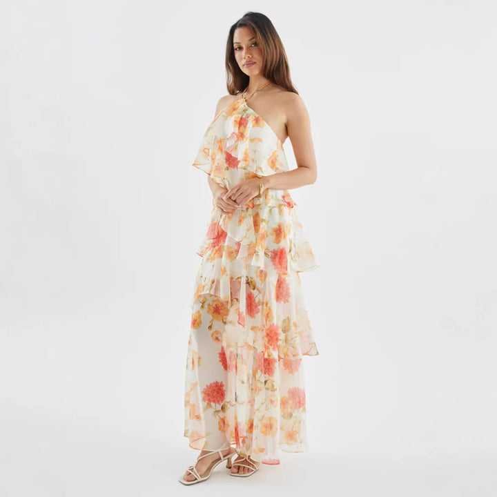 Damen Maxikleid mit schwingenden Volants und modernen Punkten Drune