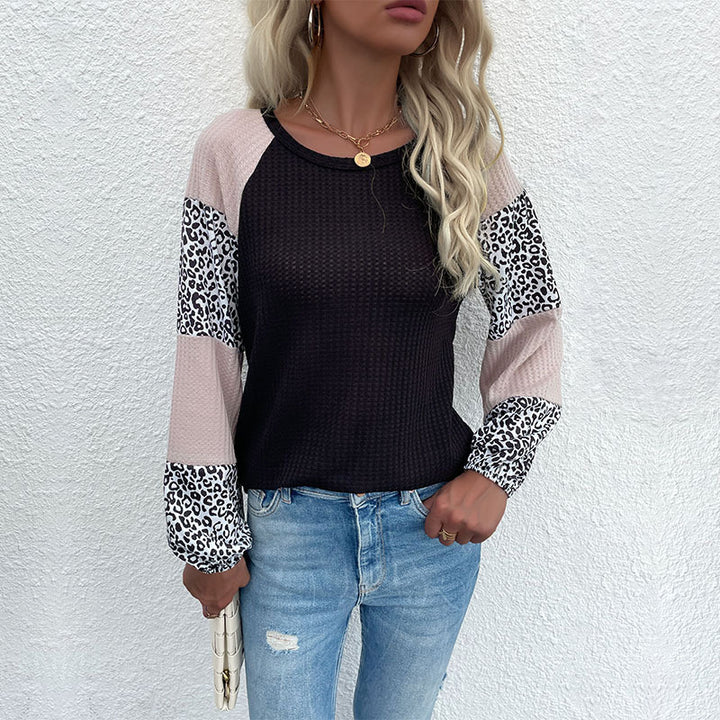 Damen modisches Oberteil mit tierischem Druck und eleganten Puffärmeln Drune