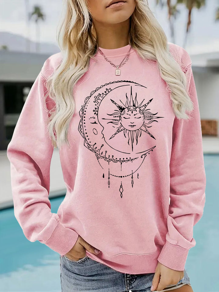 Damen Sweatshirt mit künstlerischem Sonnen- und Mondmotiv Drune