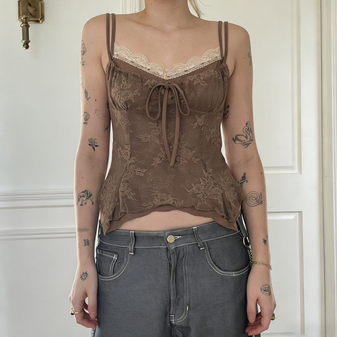 Damen Spitzen-Corsage-Oberteil mit raffinierten Trägerdetails und elegantem Knoten Drune