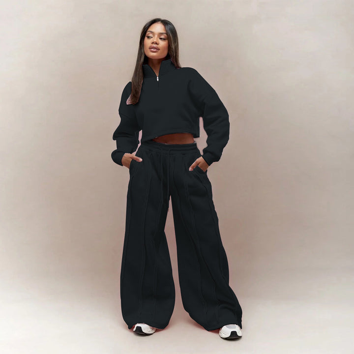 Damen cropped Sweatshirt mit Reißverschluss und bequeme Jogginghose Drune