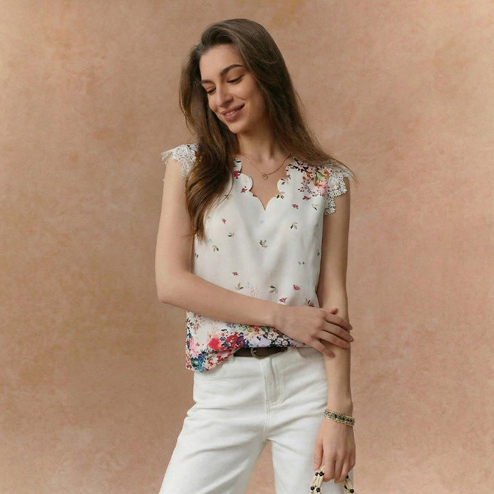 Damen Bluse mit floralem Muster und Spitzenbesatz Drune
