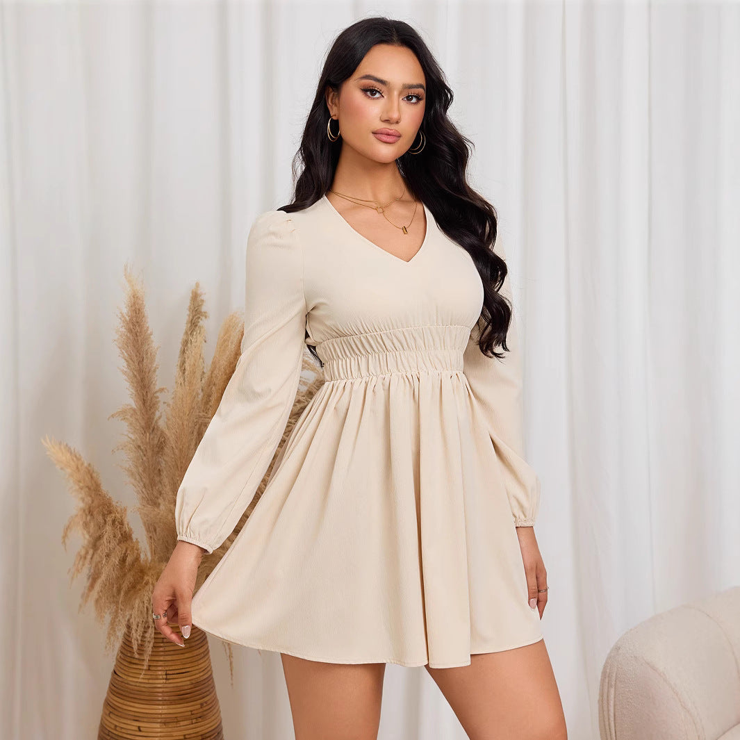 Damen lässiges Minimidi-Kleid mit geschmeidiger Taillierung und eleganten Puffärmeln Drune