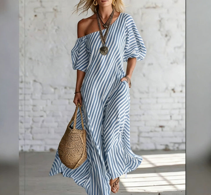 Damen Maxikleid mit asymmetrischem Schnitt und auffälligen Streifen Drune