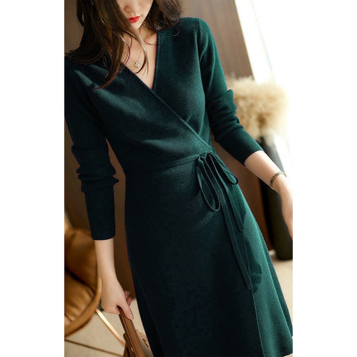 Damen Wickelkleid mit langem Ärmel und eleganter Taillenkordelung Drune
