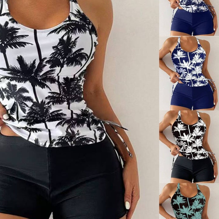 Damen Sportliches Tankini-Set mit modischem Palmendruck und hoher Taille Drune