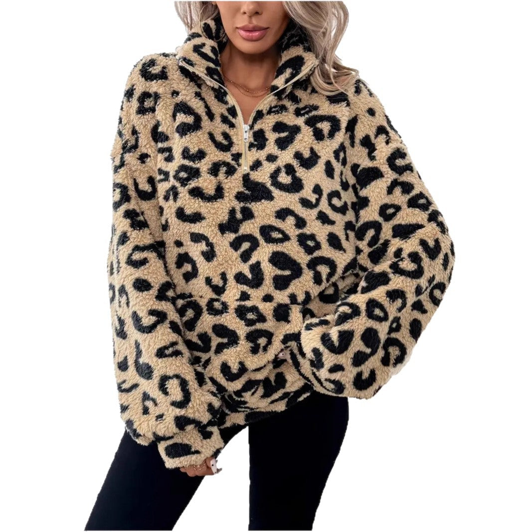 Damen Fleece-Pullover mit stylischem Leopardenmuster Drune