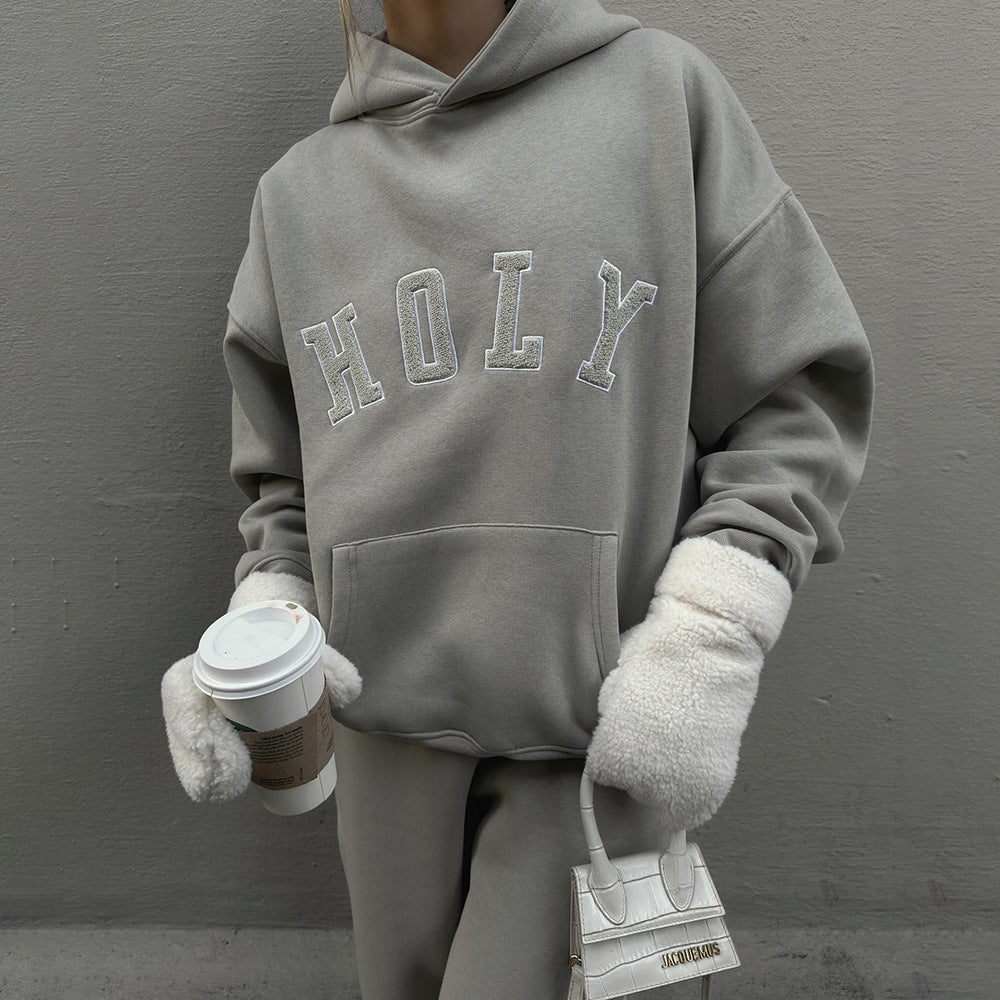 Damen oversized Kapuzenpullover aus weichem Baumwollmix mit elegantem Logo-Stick Drune
