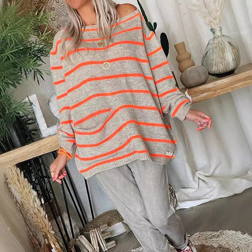 Damen lässiger Strickpullover mit elegantem Streifenmuster und praktischer Brusttasche Drune
