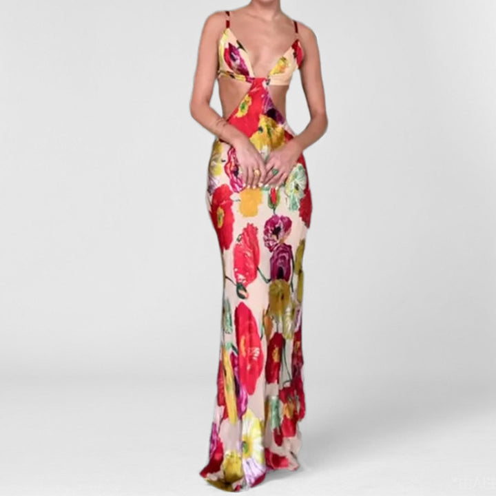 Damen Maxikleid mit raffiniertem Cut-Out-Design und floralen Akzenten Drune