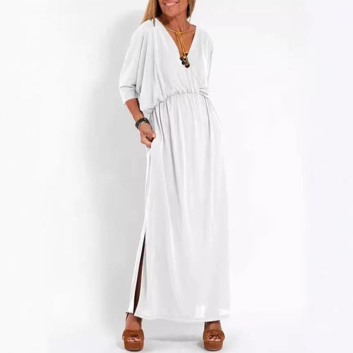 Damen elegantes Maxikleid mit seitlichem Schlitz und flexiblem Taillenbund Drune