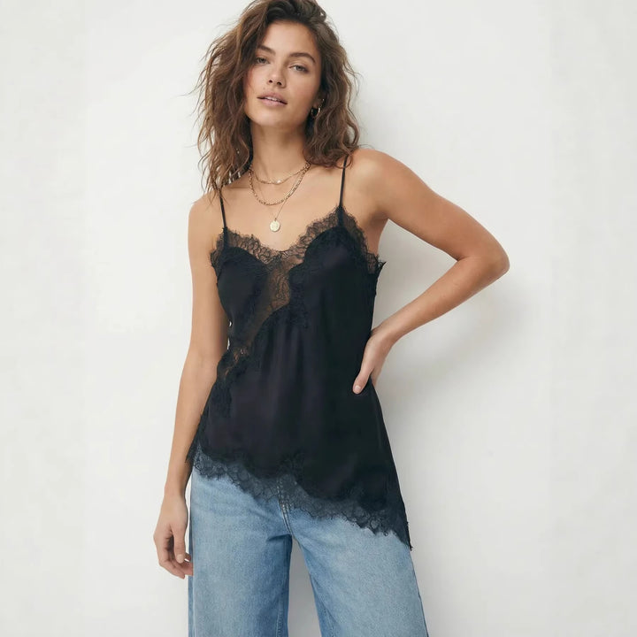 Damen Satin Top mit eleganter Spitze und Spaghettiträger Drune