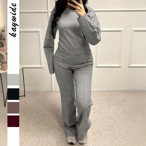 Damen nan weiches Lounge-Set mit tailliertem Sweatshirt, formgebenden Nahtdetails und weitem Palazzohosen-Bein Drune