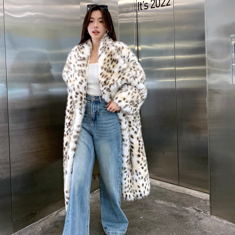 Damen Eleganter Leopardmuster-Fellmantel Drune