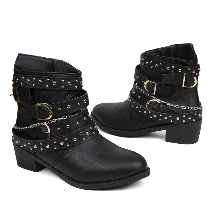 Damen nan knöchelhohe Biker-Stiefelette mit Nietenriemen, Ketten- und Dornschließen-Details Drune