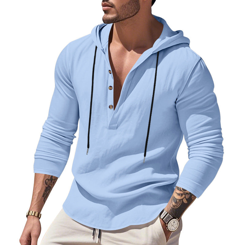 Herren nan lässiges Leinenhemd mit Kapuze und Henley-Knopfleiste Drune