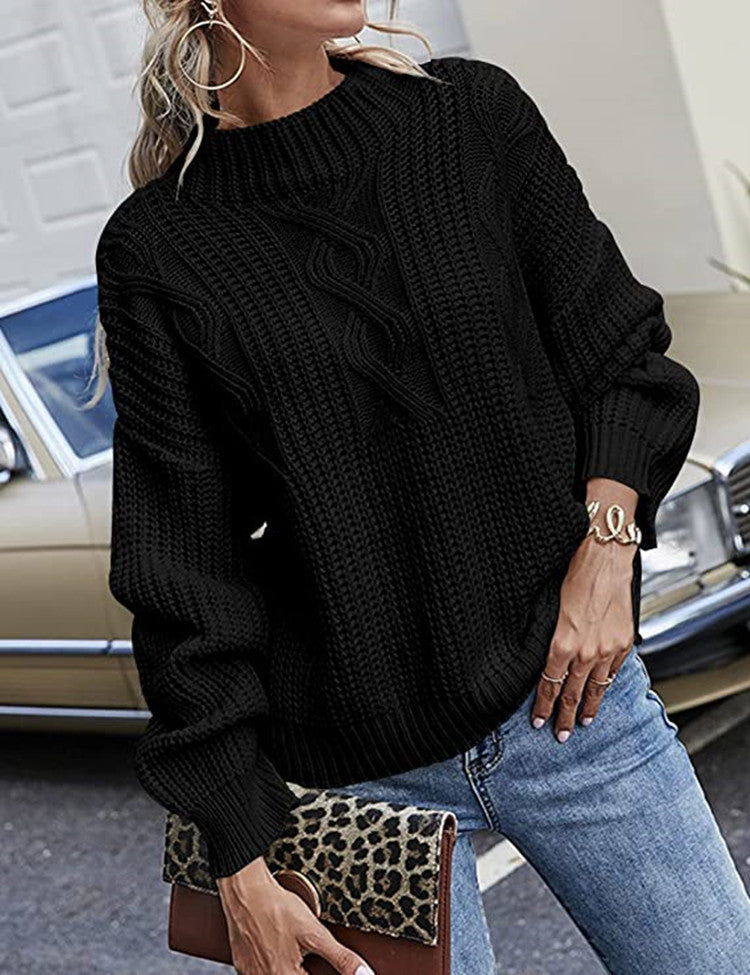 Damen Grobstrickpullover mit hohem Kragen und dekorativem Zopfmuster Drune