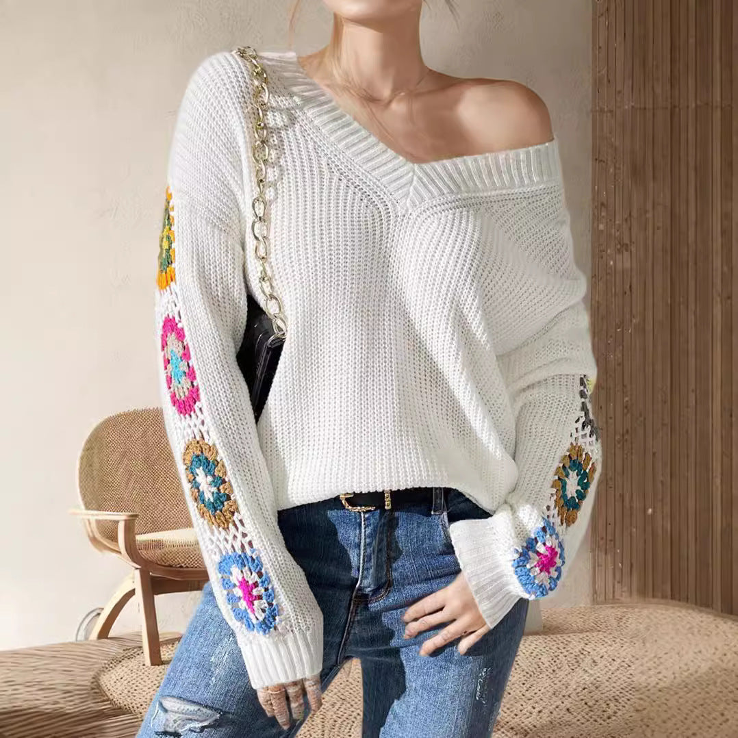 Damen modischer Strickpullover mit einzigartiger Schnittführung und kreativen Häkelmotiven Drune