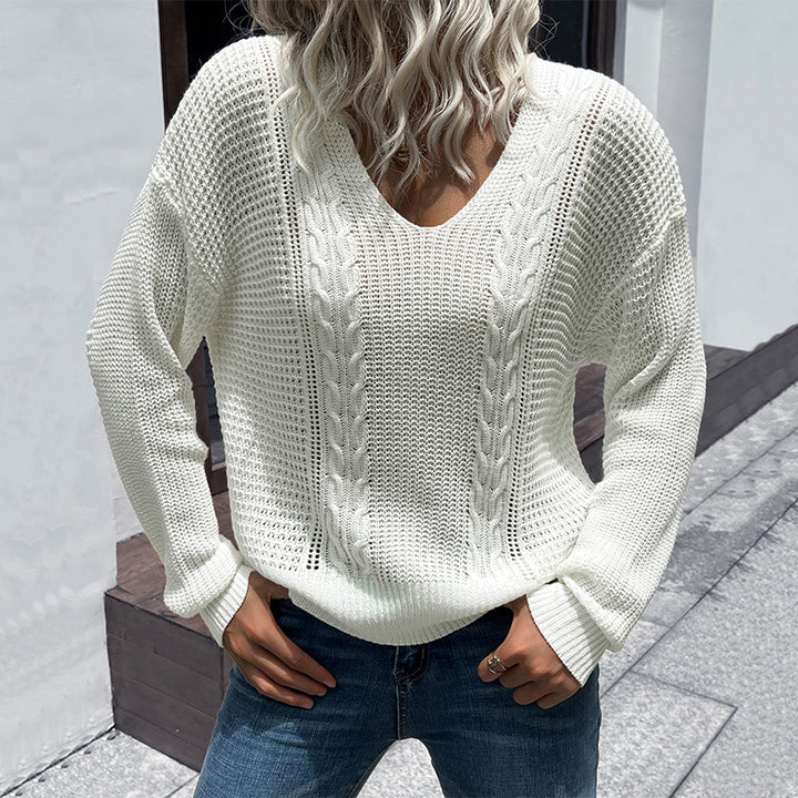 Damen Strickpullover mit V-Ausschnitt und Zopfmuster Drune