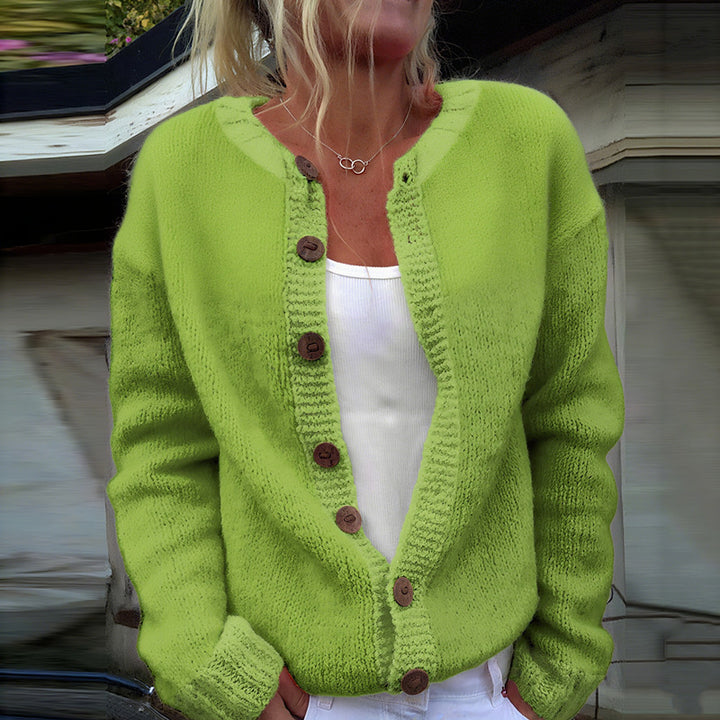 Damen nan kuscheliger Strickcardigan mit Zierholzknöpfen und Rundhalsausschnitt Drune