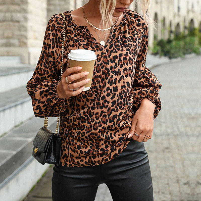 Damen Bluse mit Leopardenmuster und eleganten Puffärmeln Drune