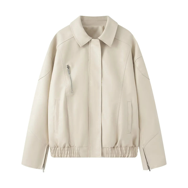 Damen modische Kunstlederjacke mit elastischem Saum und praktischen Taschen Drune