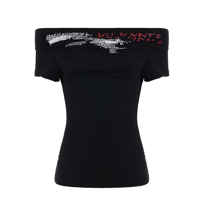 Damen Off-Shoulder T-Shirt mit künstlerischem Druck und figurbetontem Schnitt Drune
