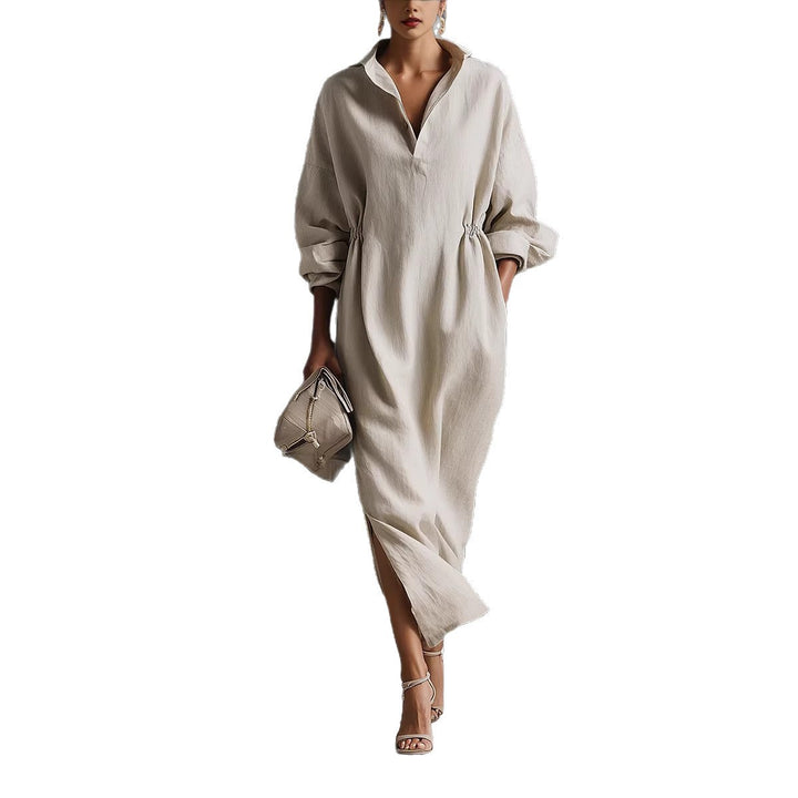 Damen stilvolles Midikleid mit Bindegürtel und klassischem Kragen Drune