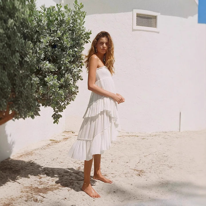 Damen fließendes Sommerkleid mit voluminösen Rüschen Drune