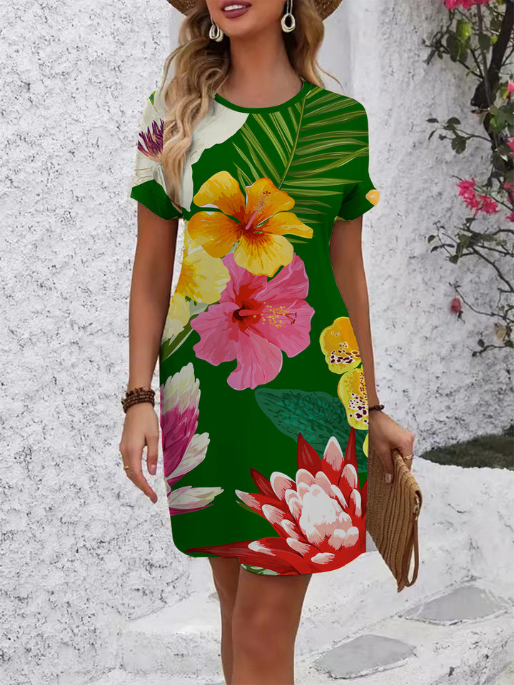 Damen lässiges T-Shirt Kleid mit buntem Blumenmuster und bequemem Schnitt Drune