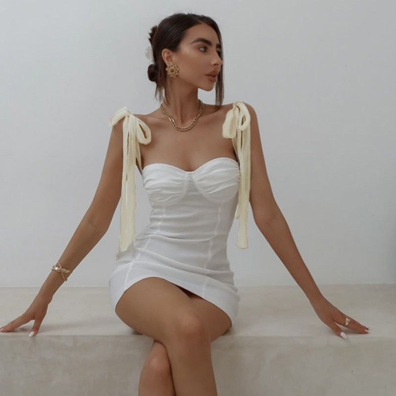 Damen Figurbetontes Minikleid mit trägerloser Bustier-Optik und charmanten Schleifen Drune
