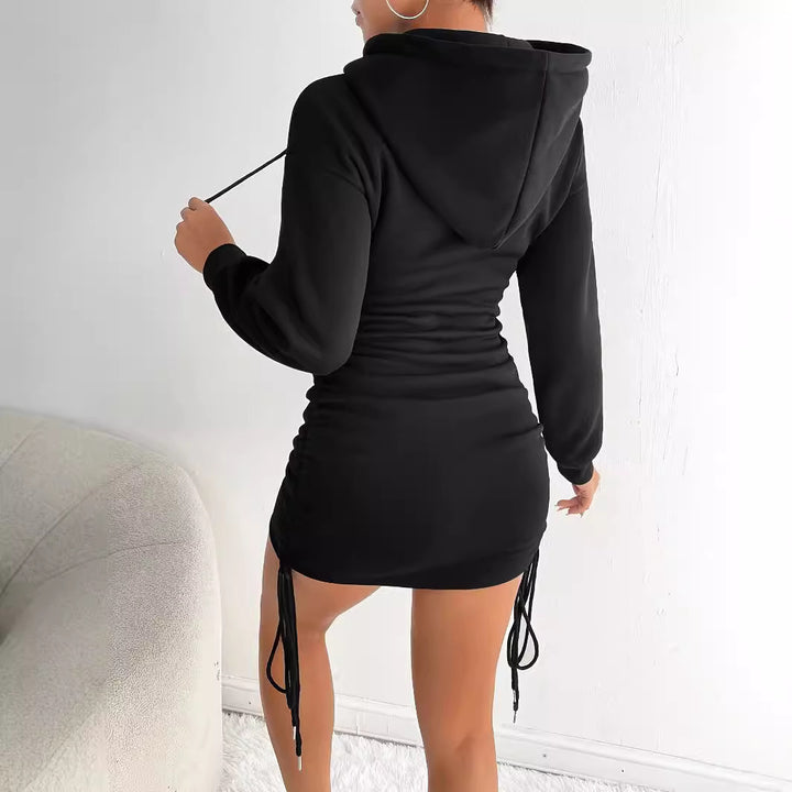 Damen Kapuzenkleid mit seitlichem Raffungsdesign und verstellbarem Kordelzug Drune