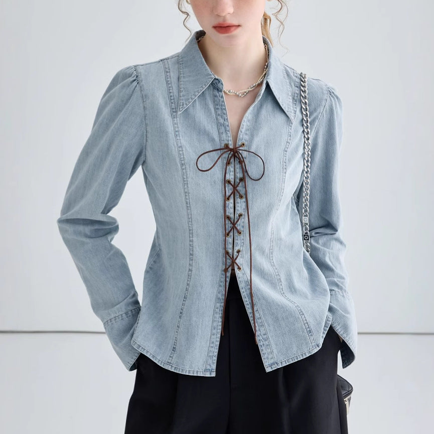 Damen elegante Jeansbluse mit Spitzenverschluss Drune